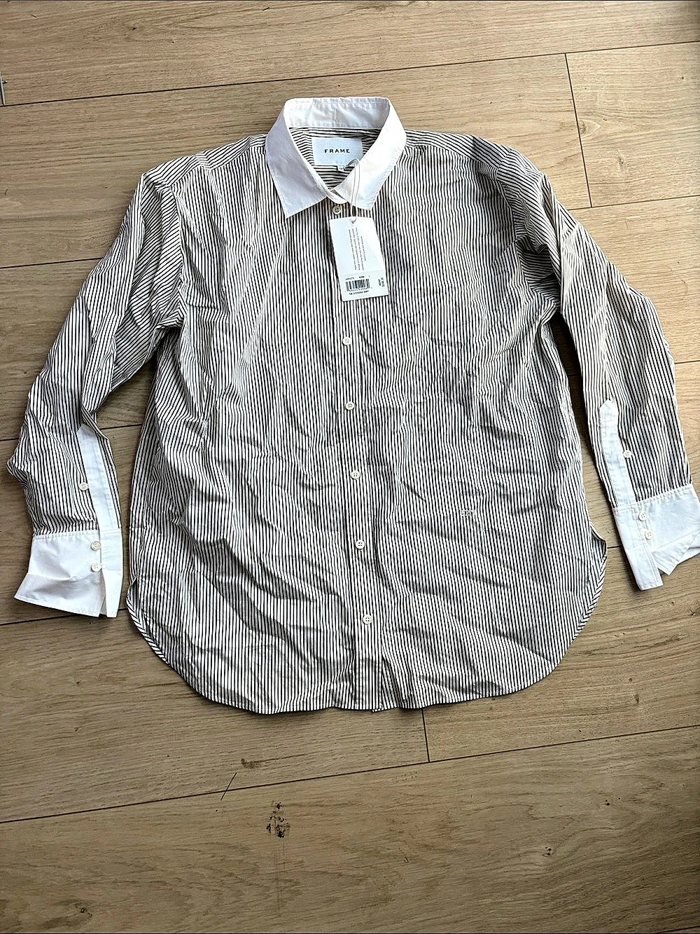 FRAME The Oversized Shirt Striped Cotton Shirt Size Large NWT in Bone Multi
